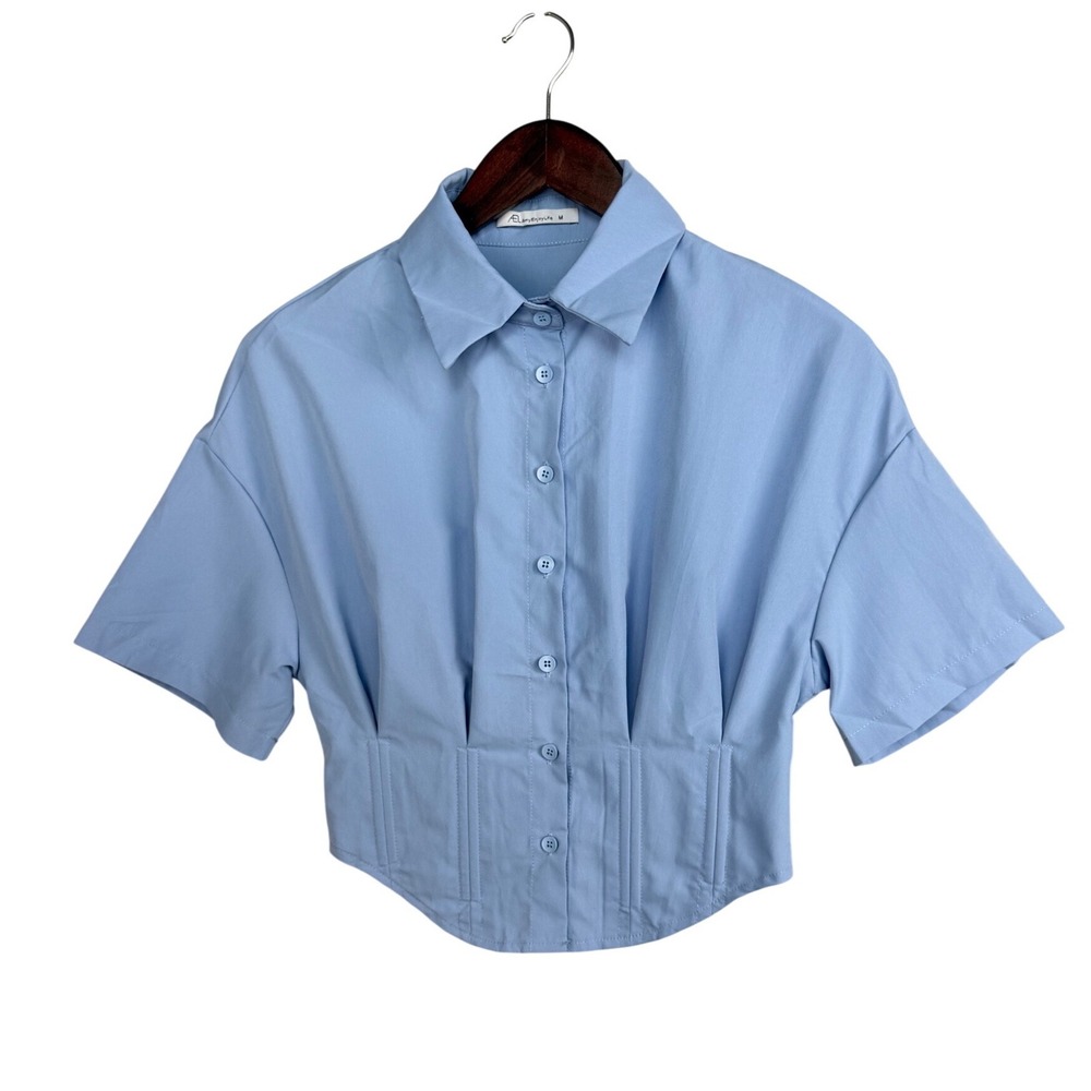 AmyEnjoyLife Corset Button Down Shirt Women Medium Blue Polyester Boned Cropped